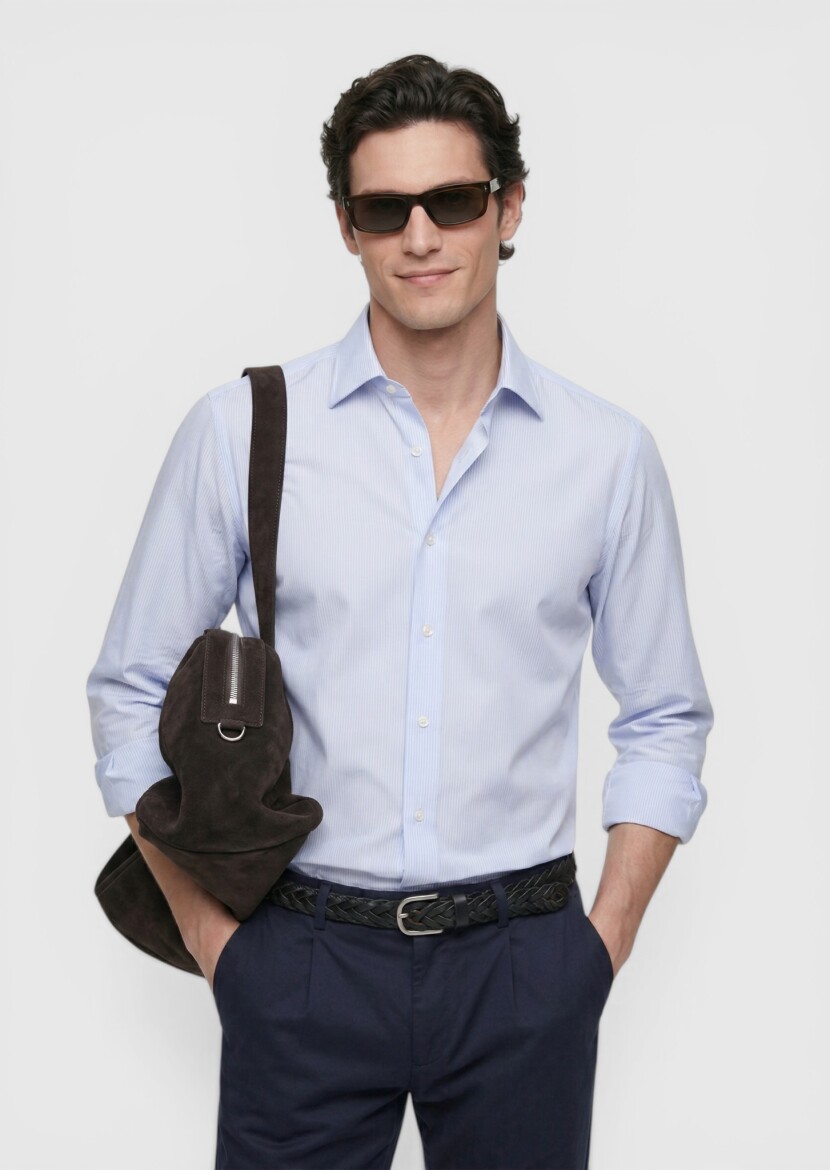 Blue Striped Regular Fit Long Weaving Classical 100% Cotton Shirt - 4