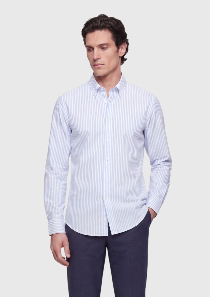 Blue Striped Regular Fit Long Weaving Classical 100% Cotton Shirt - 3