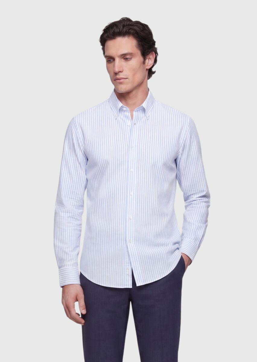 Blue Striped Regular Fit Long Weaving Classical 100% Cotton Shirt - 3