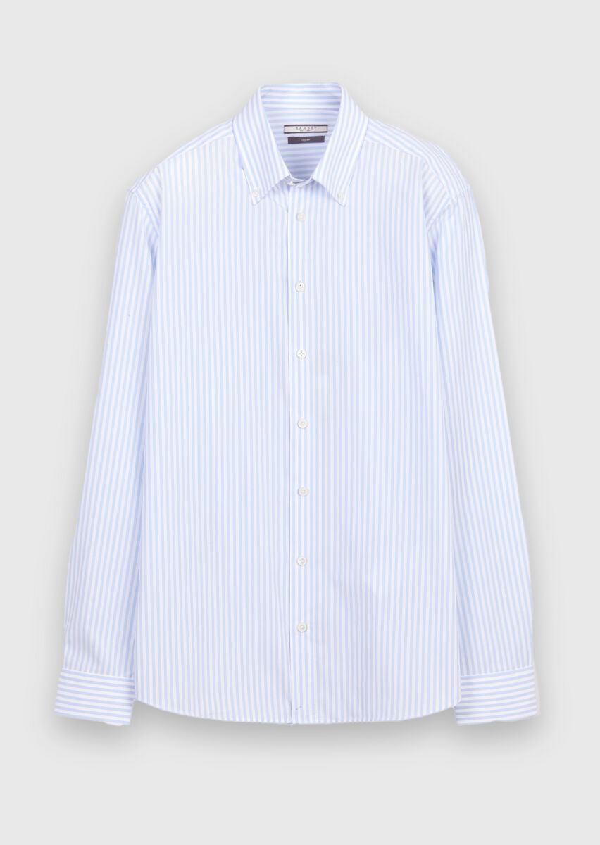 Blue Striped Regular Fit Long Weaving Classical 100% Cotton Shirt - 5