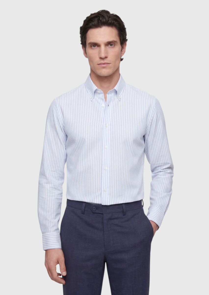 Blue Striped Regular Fit Long Weaving Classical 100% Cotton Shirt - 1