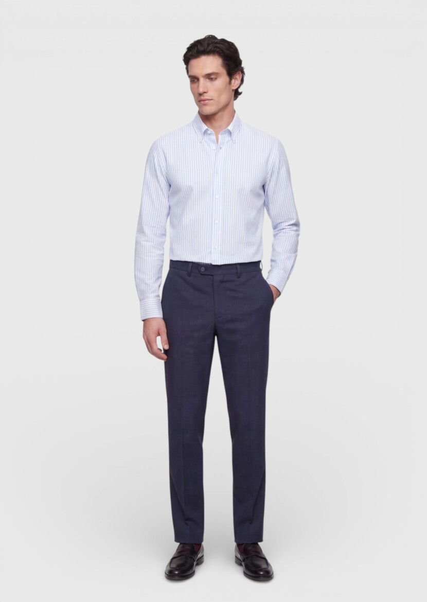 Blue Striped Regular Fit Long Weaving Classical 100% Cotton Shirt - RAMSEY