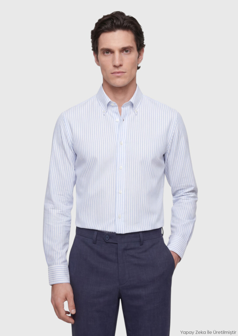 Blue Striped Regular Fit Long Weaving Classical 100% Cotton Shirt - RAMSEY
