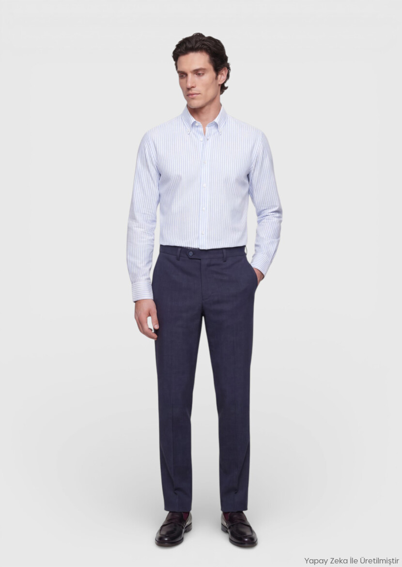 Blue Striped Regular Fit Long Weaving Classical 100% Cotton Shirt - RAMSEY