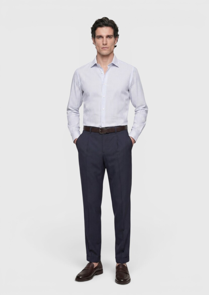 Blue Striped Regular Fit Long Weaving Classical 100% Cotton Shirt - RAMSEY