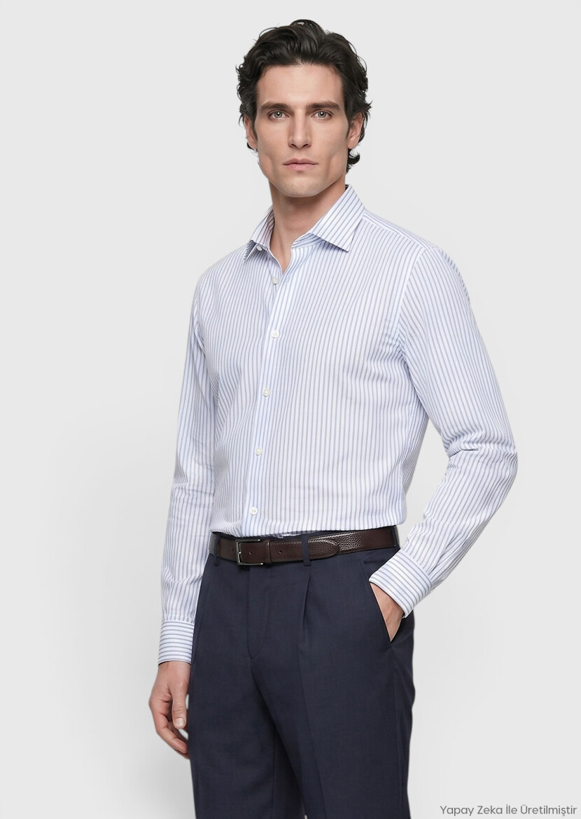 Blue Striped Regular Fit Long Weaving Classical 100% Cotton Shirt - RAMSEY