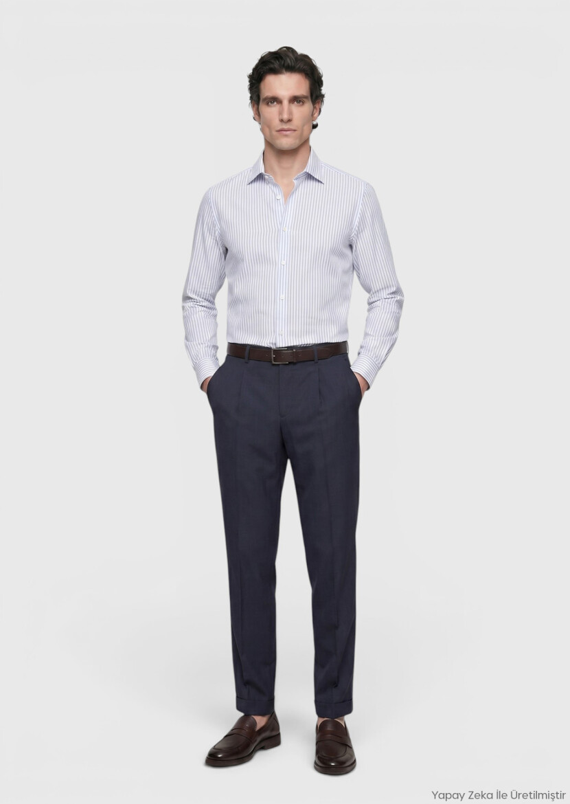 Blue Striped Regular Fit Long Weaving Classical 100% Cotton Shirt - RAMSEY