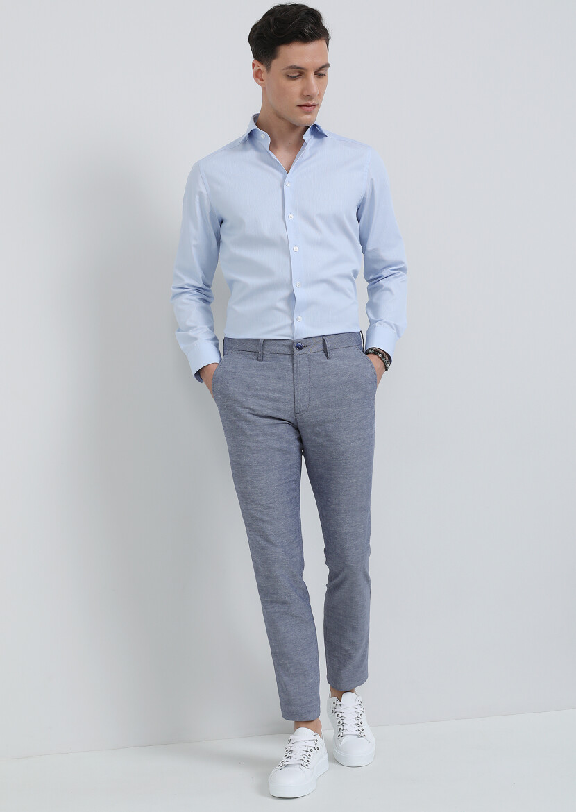 Blue Striped Regular Fit Long Weaving Classical Cotton Blended Shirt - 3