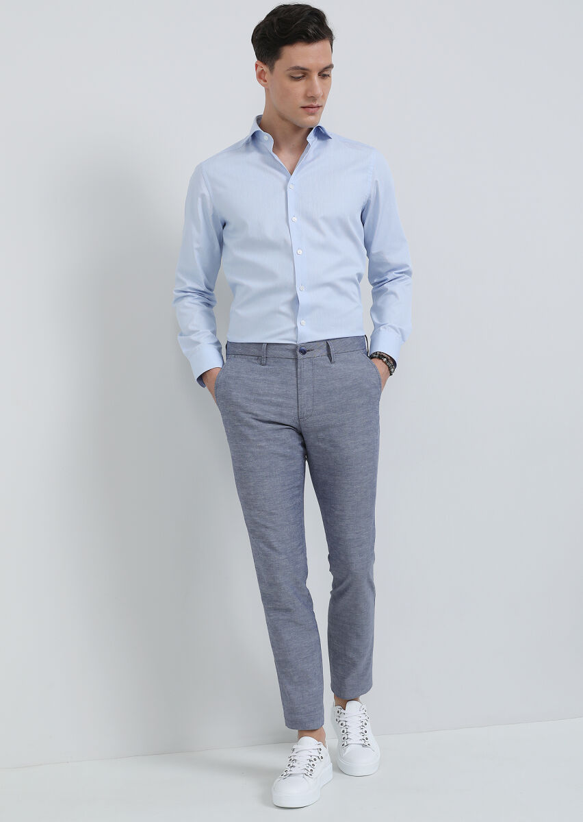 Blue Striped Regular Fit Long Weaving Classical Cotton Blended Shirt - 3