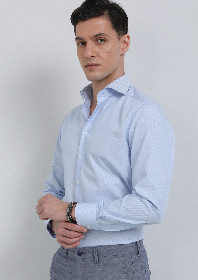 Blue Striped Regular Fit Long Weaving Classical Cotton Blended Shirt - 4