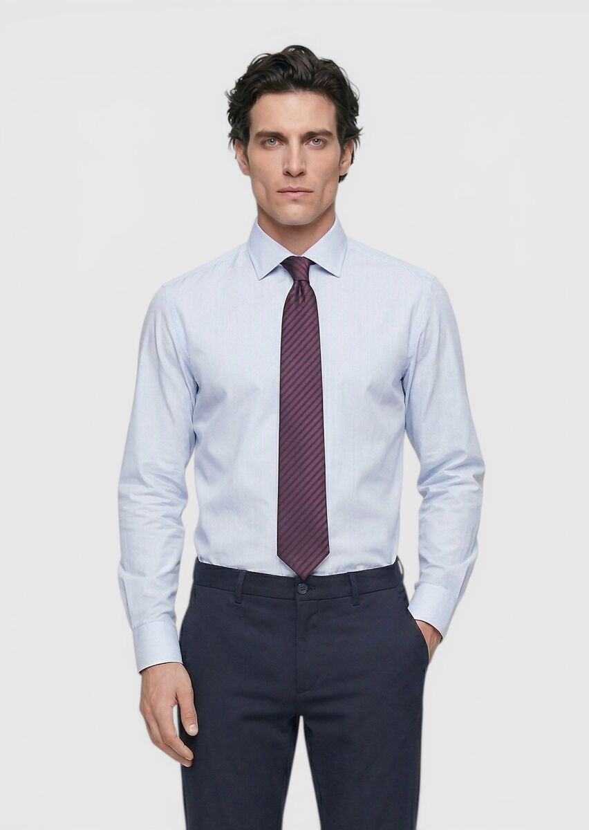 Blue Striped Regular Fit Long Weaving Classical Cotton Blended Shirt - 3