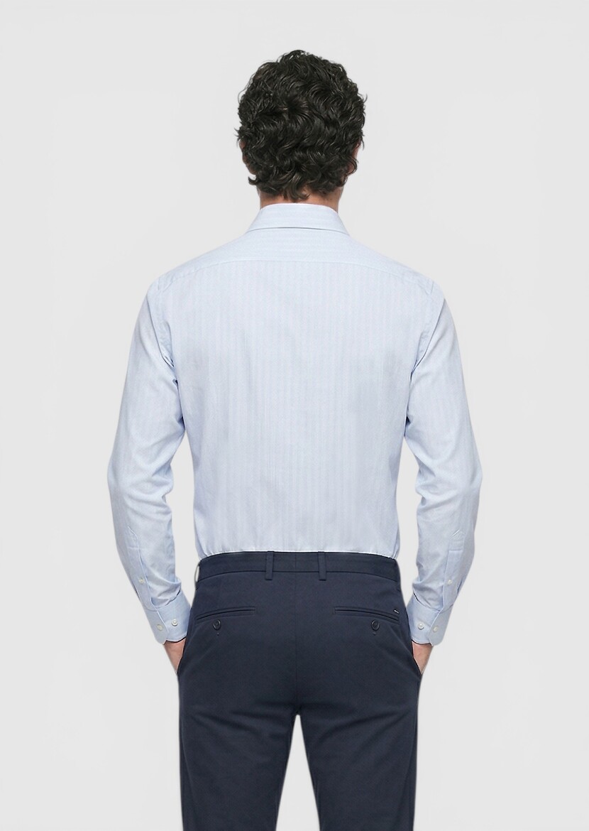 Blue Striped Regular Fit Long Weaving Classical Cotton Blended Shirt - 4