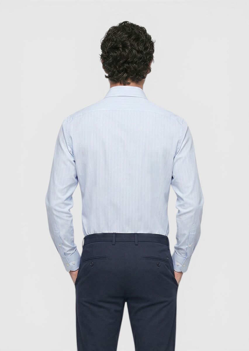 Blue Striped Regular Fit Long Weaving Classical Cotton Blended Shirt - 4