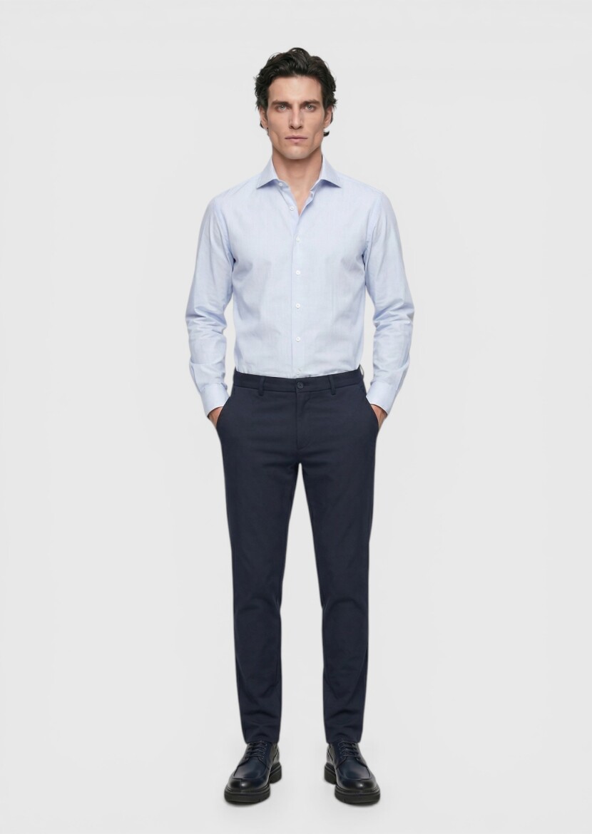 Blue Striped Regular Fit Long Weaving Classical Cotton Blended Shirt - RAMSEY