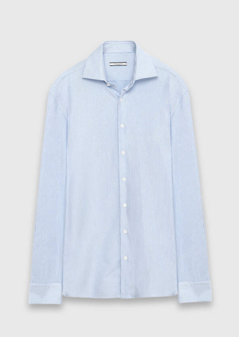 Blue Striped Regular Fit Long Weaving Classical Cotton Blended Shirt - 5