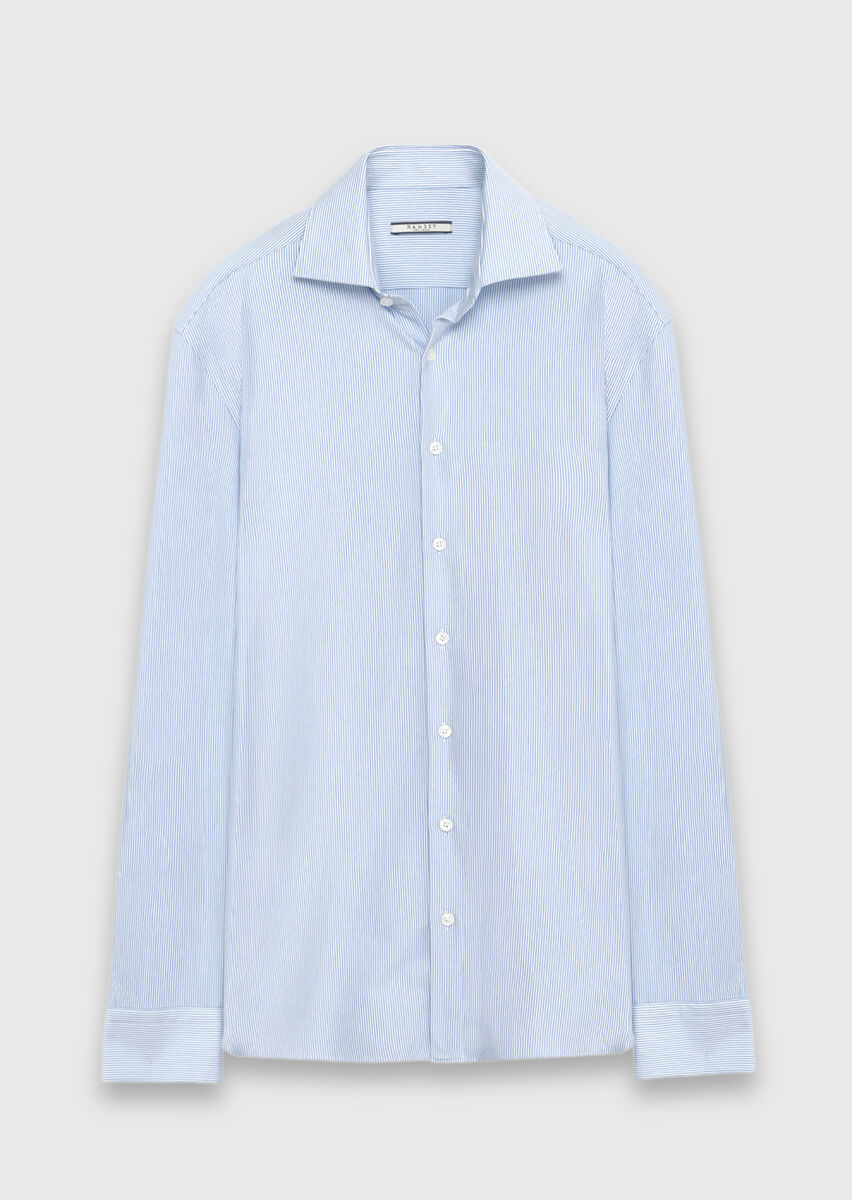 Blue Striped Regular Fit Long Weaving Classical Cotton Blended Shirt - 5