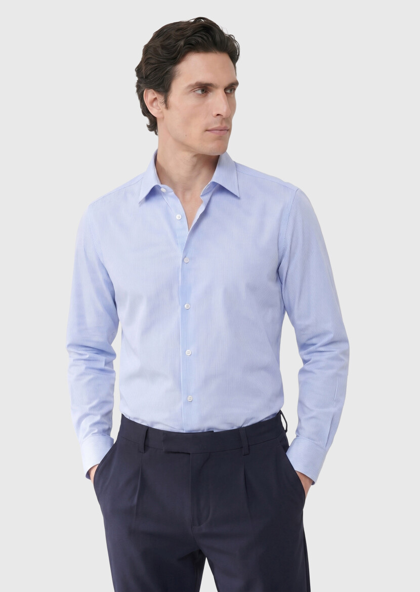 Blue Striped Regular Fit Long Weaving Classical Cotton Blended Shirt - RAMSEY