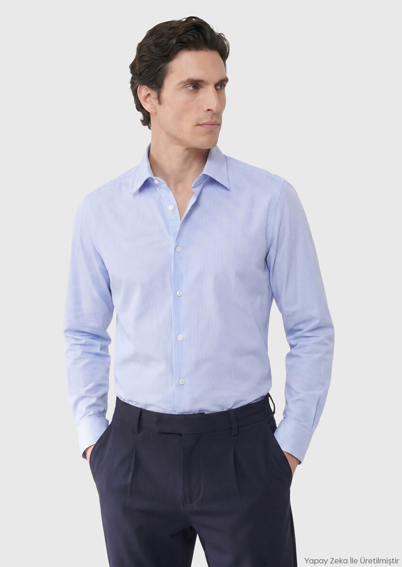 Blue Striped Regular Fit Long Weaving Classical Cotton Blended Shirt - RAMSEY