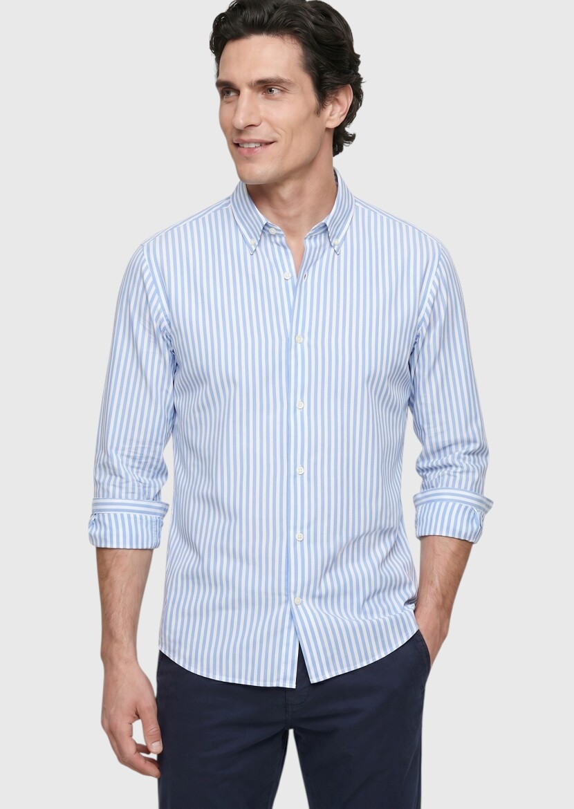 Blue Striped Regular Fit Long Weaving Classical Shirt 