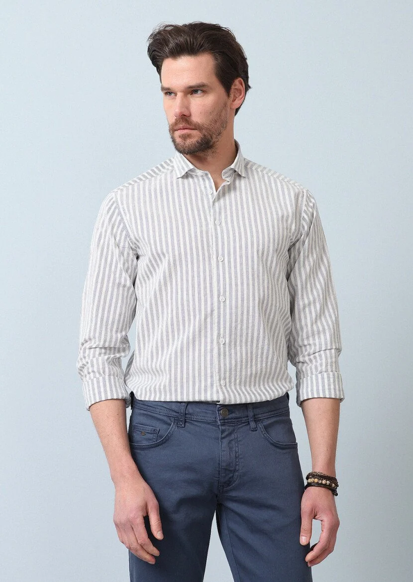 Blue Striped Regular Fit Weaving Casual 100% Cotton Shirt - 1