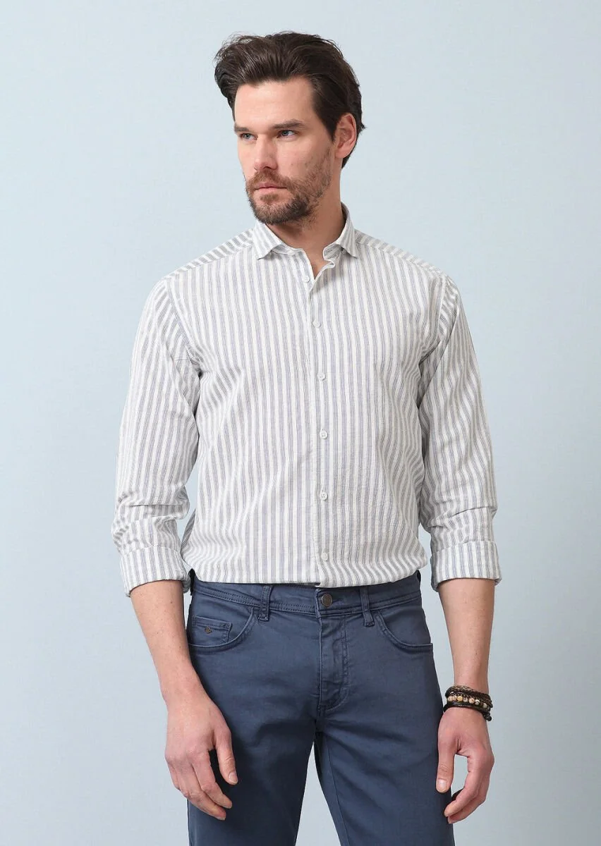 Blue Striped Regular Fit Weaving Casual 100% Cotton Shirt - 1