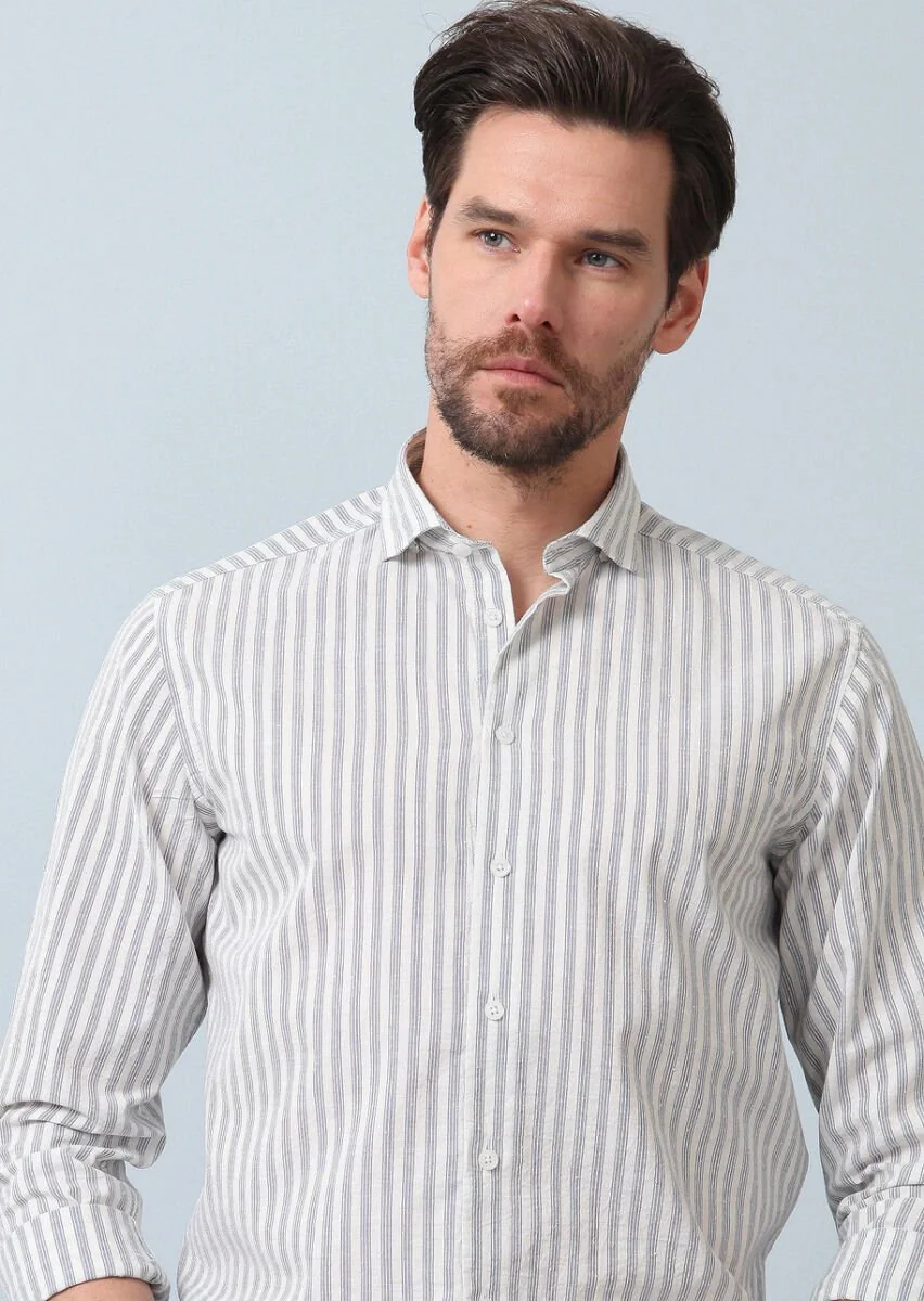 Blue Striped Regular Fit Weaving Casual 100% Cotton Shirt - 2