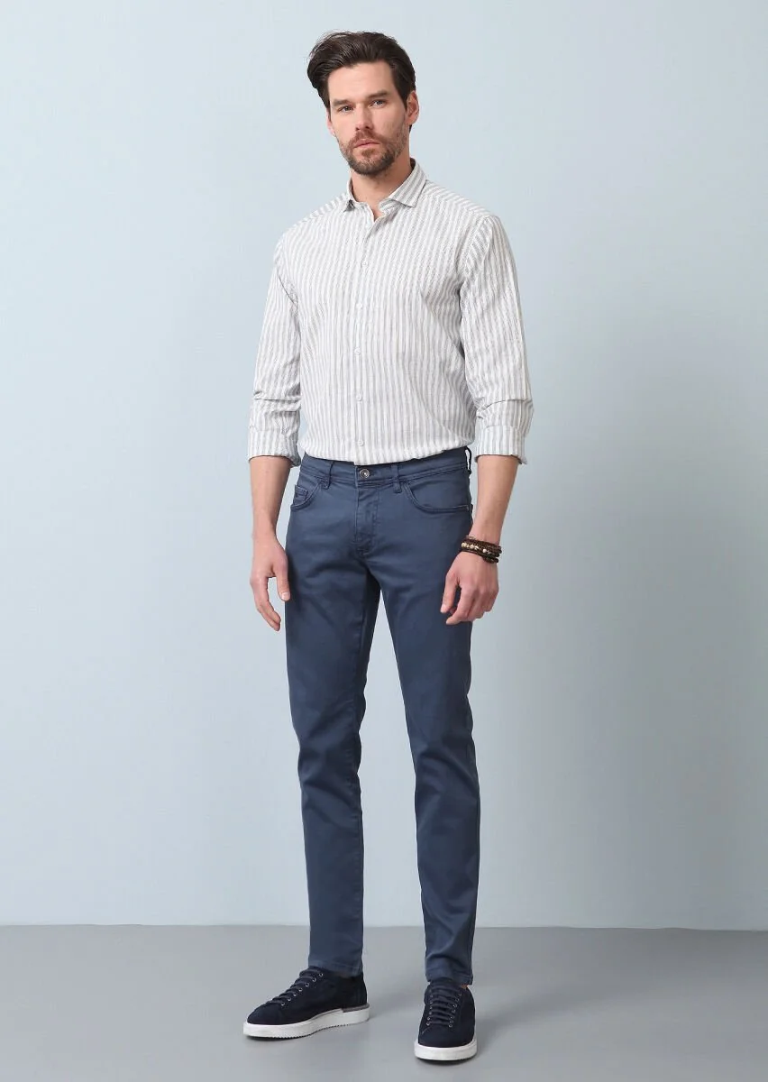 Blue Striped Regular Fit Weaving Casual 100% Cotton Shirt - 3