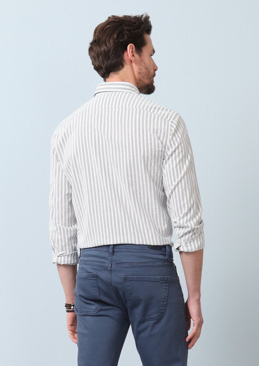 Blue Striped Regular Fit Weaving Casual 100% Cotton Shirt - 5