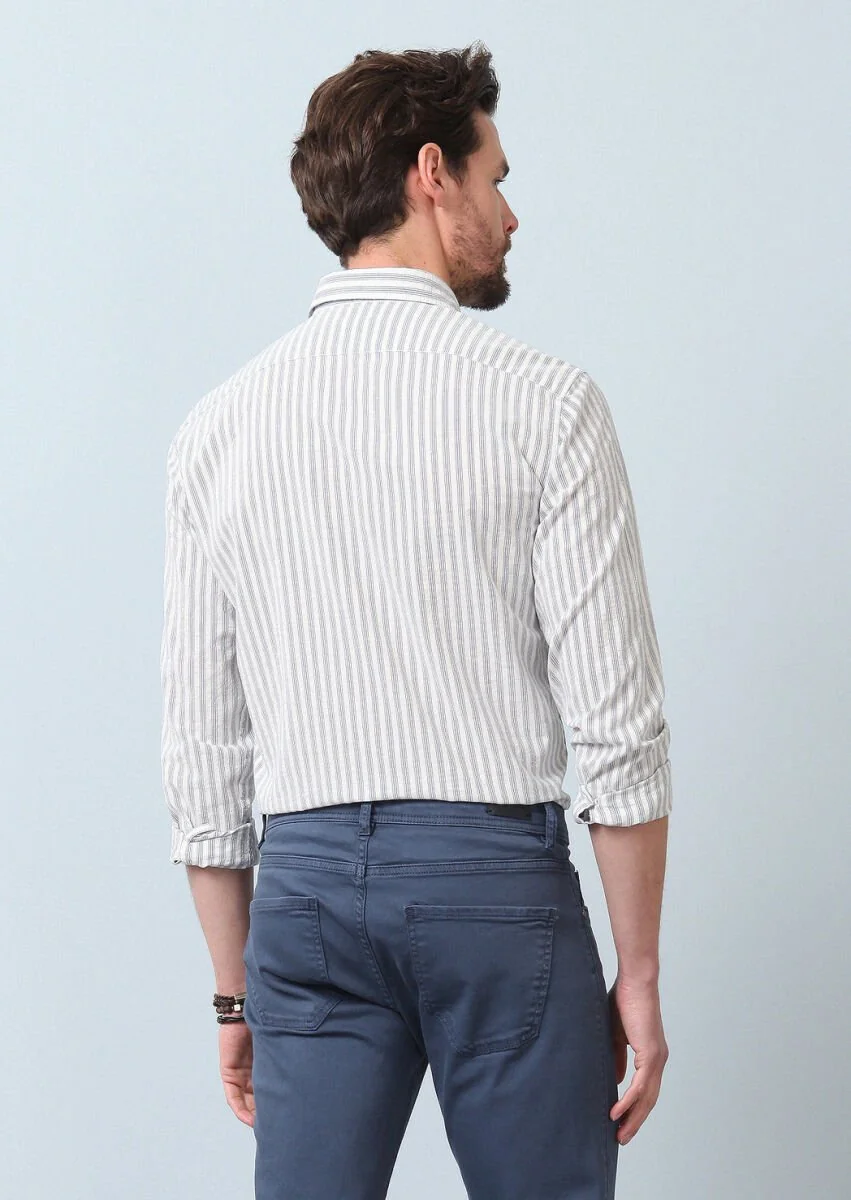 Blue Striped Regular Fit Weaving Casual 100% Cotton Shirt - 5