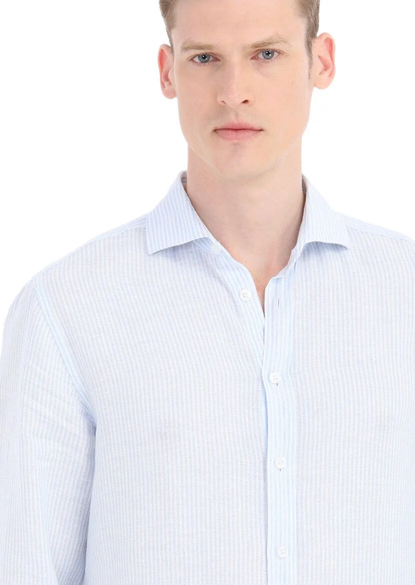 Blue Striped Regular Fit Weaving Casual 100% Linen Shirt - 3