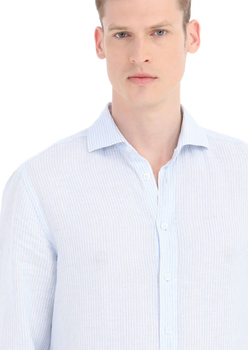 Blue Striped Regular Fit Weaving Casual 100% Linen Shirt - 3