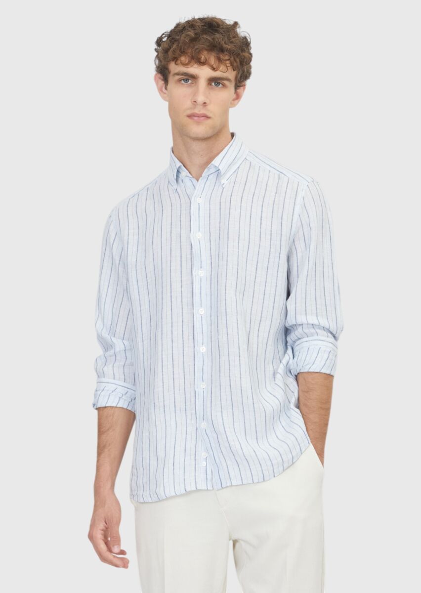 Blue Striped Regular Fit Weaving Casual 100% Linen Shirt - 1