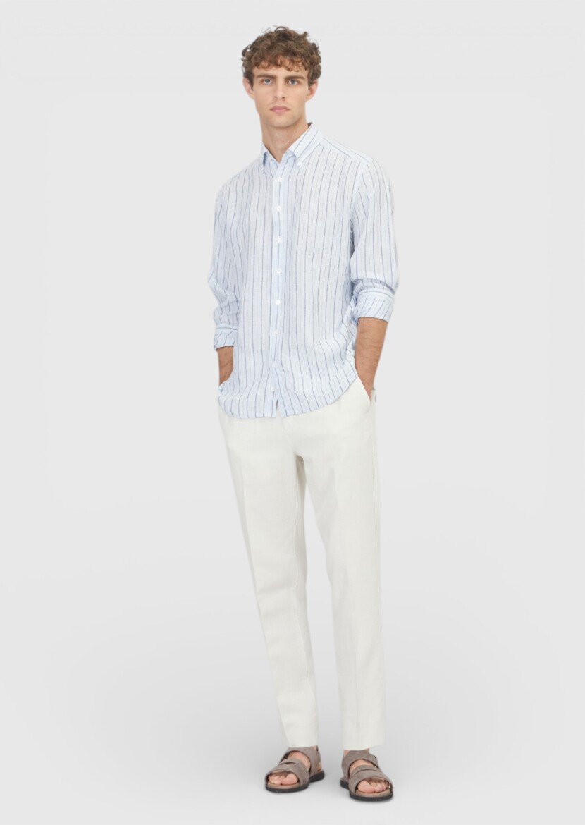 Blue Striped Regular Fit Weaving Casual 100% Linen Shirt - RAMSEY