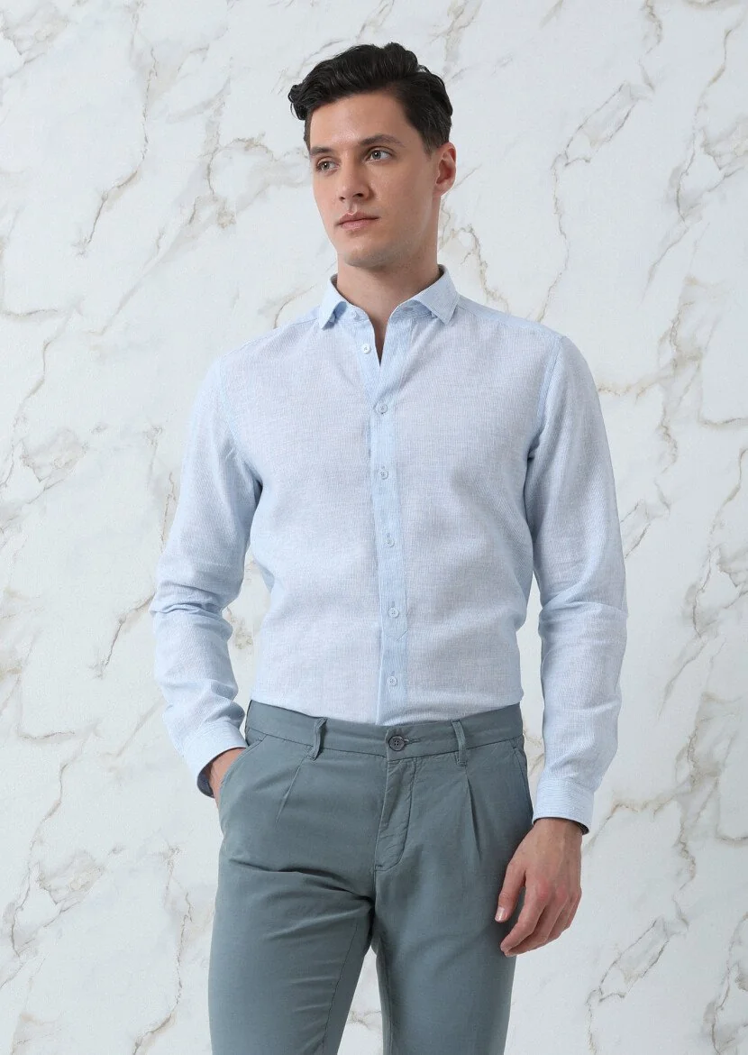 Blue Striped Regular Fit Weaving Casual Cotton Blended Shirt 