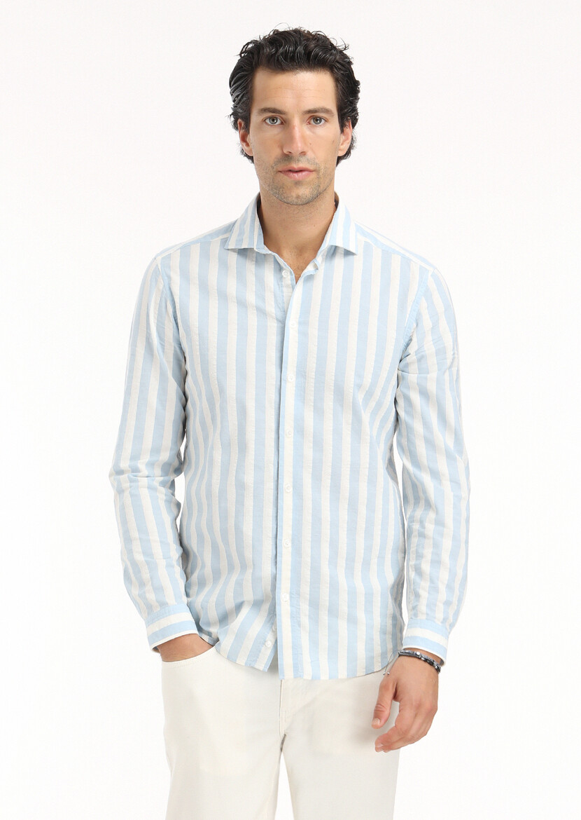 Blue Striped Regular Fit Weaving Casual Cotton Blended Shirt - 2