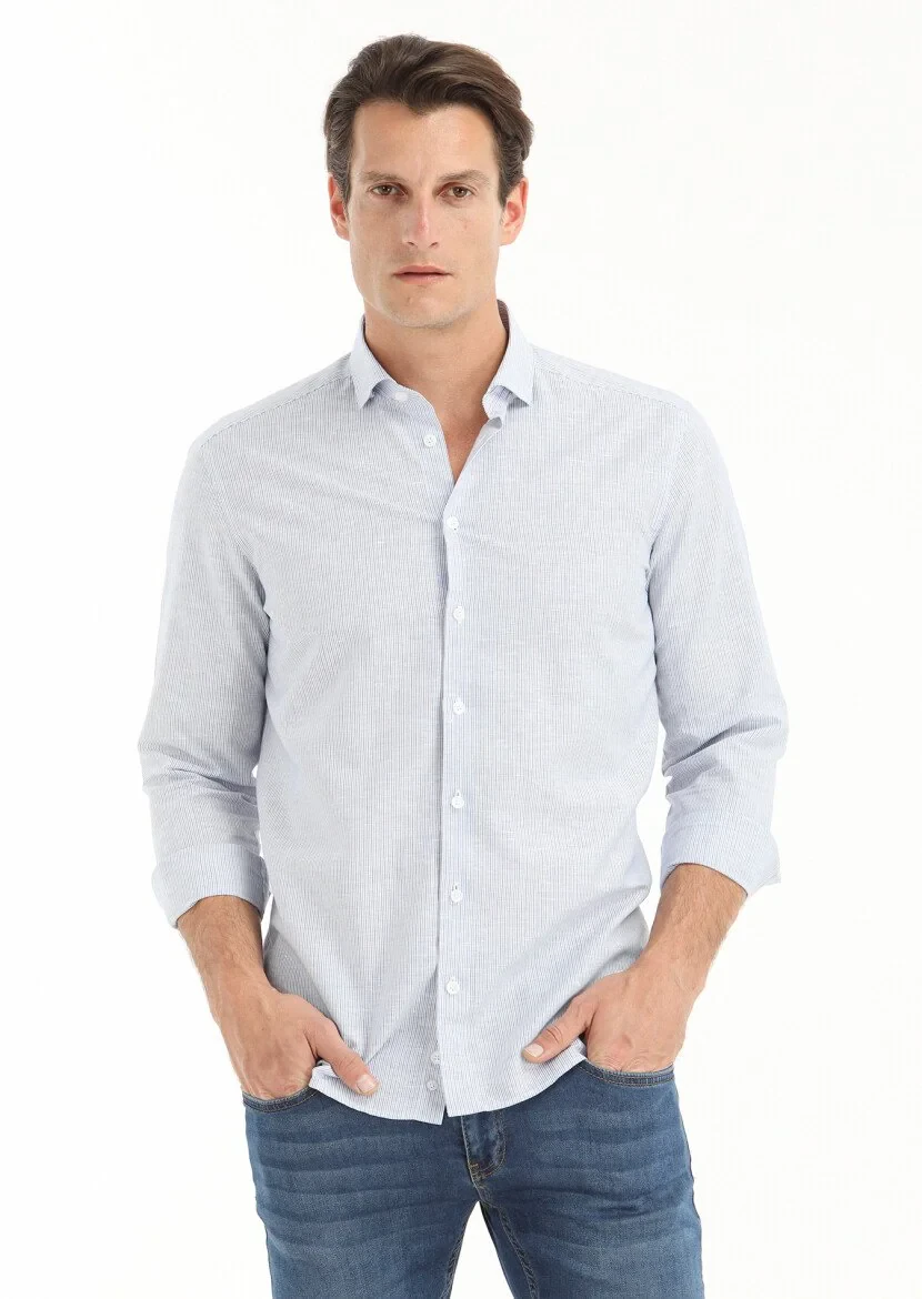 Blue Striped Regular Fit Weaving Casual Cotton Blended Shirt - 2