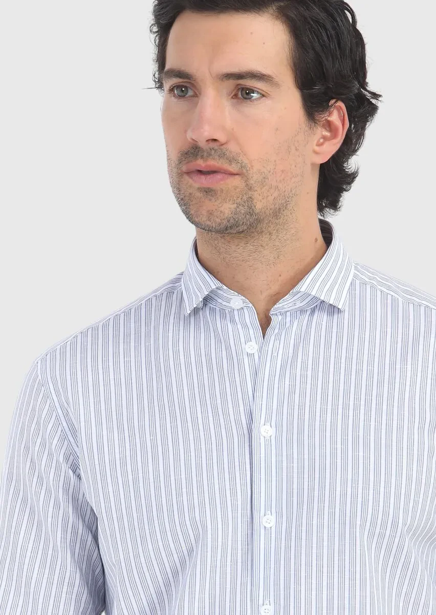Blue Striped Regular Fit Weaving Casual Cotton Blended Shirt - 3