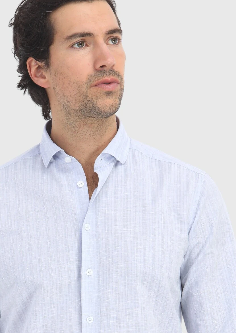 Blue Striped Regular Fit Weaving Casual Cotton Blended Shirt - 3