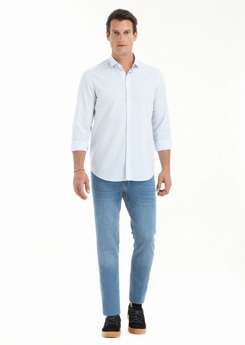 Blue Striped Regular Fit Weaving Casual Cotton Blended Shirt - 1