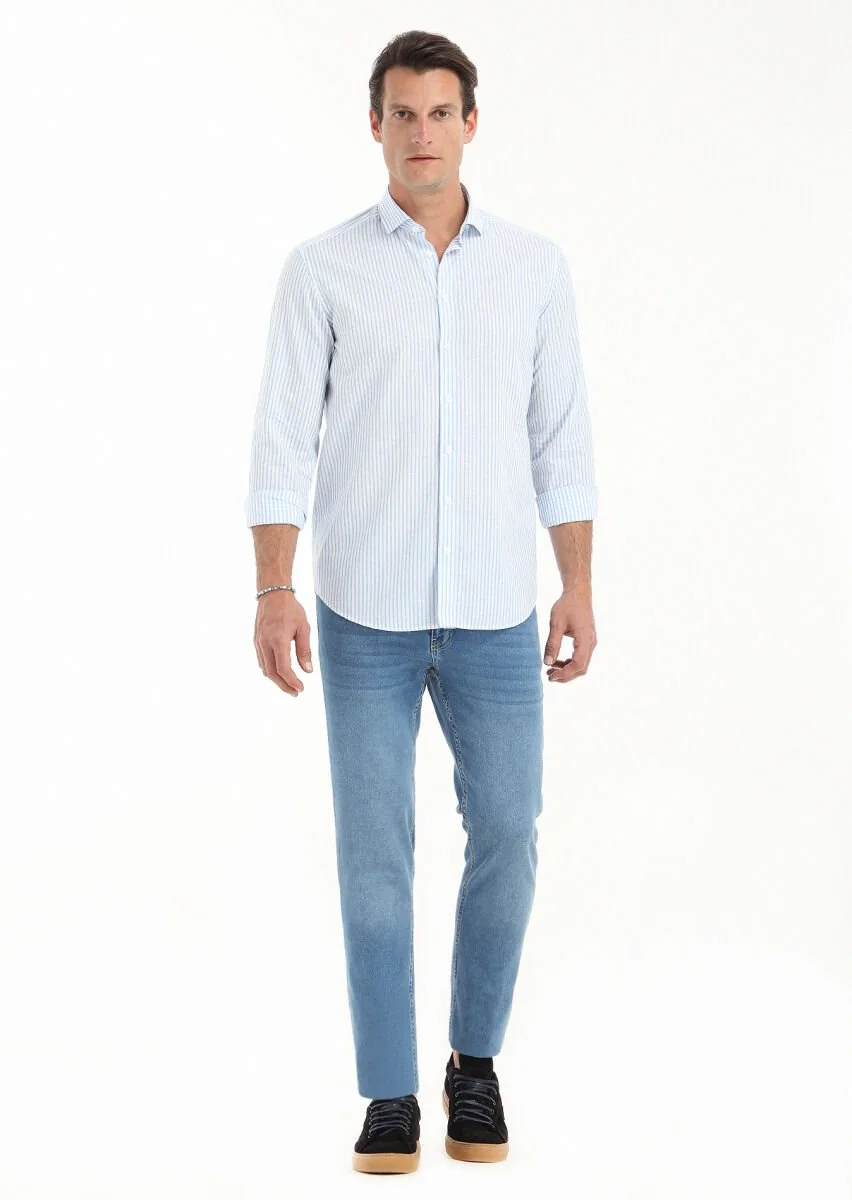 Blue Striped Regular Fit Weaving Casual Cotton Blended Shirt - 1