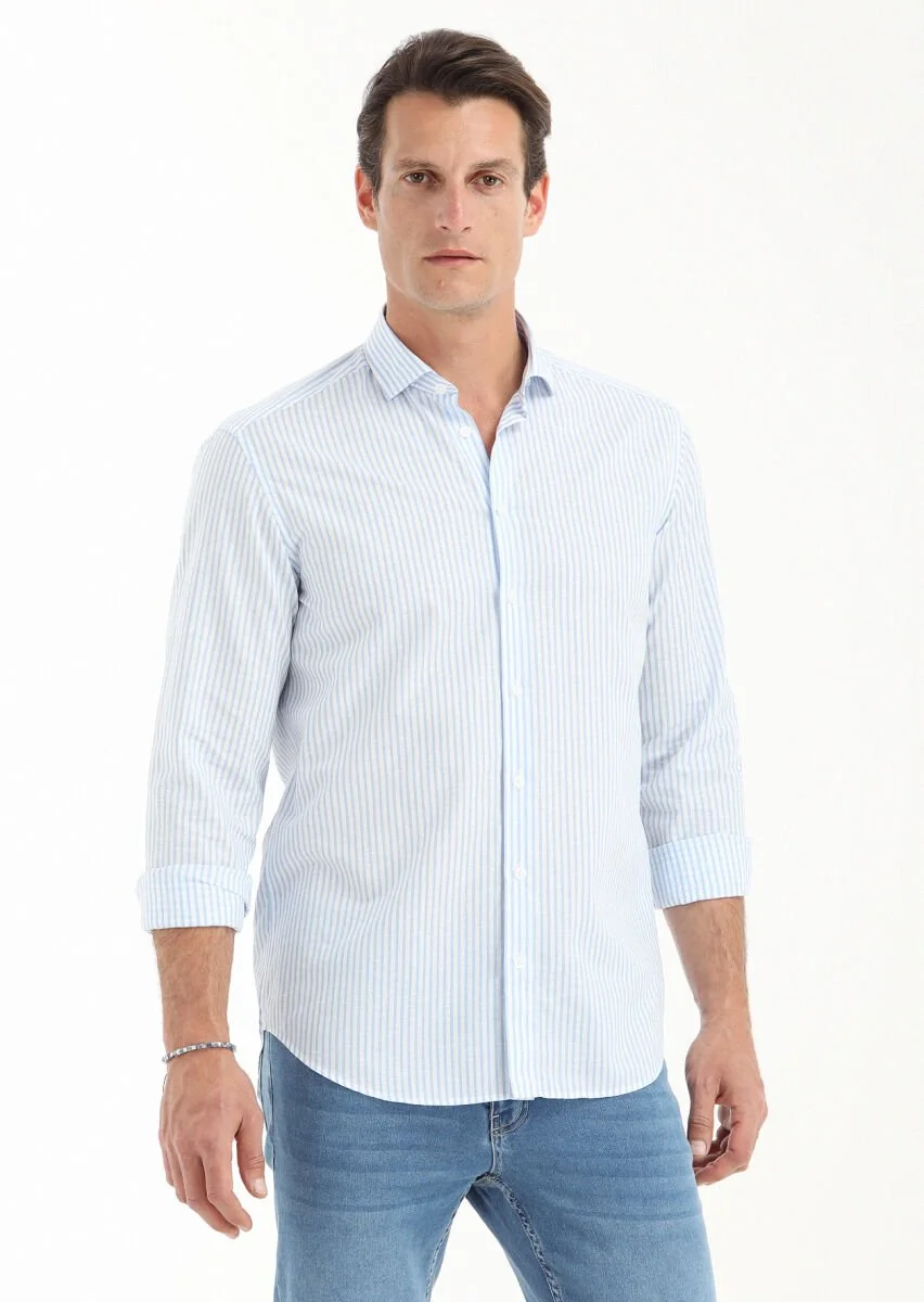 Blue Striped Regular Fit Weaving Casual Cotton Blended Shirt - 2