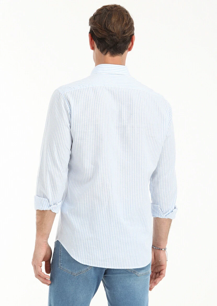 Blue Striped Regular Fit Weaving Casual Cotton Blended Shirt - 4