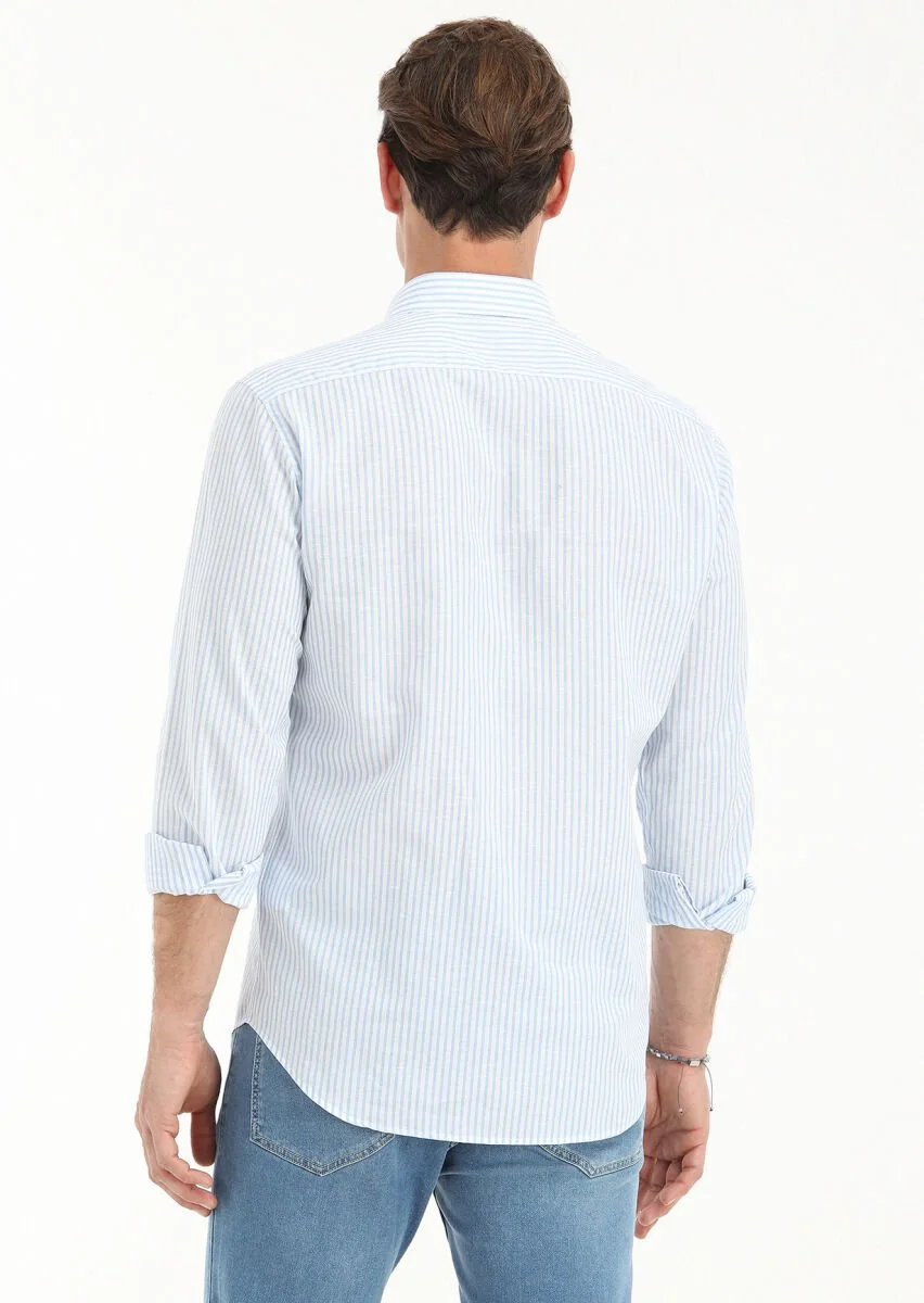 Blue Striped Regular Fit Weaving Casual Cotton Blended Shirt - 4