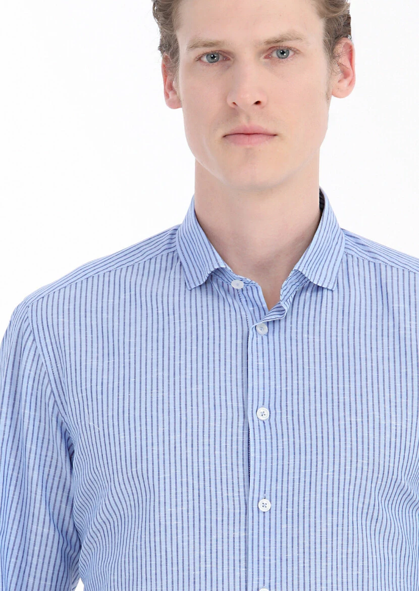 Blue Striped Regular Fit Weaving Casual Cotton Blended Shirt - 4