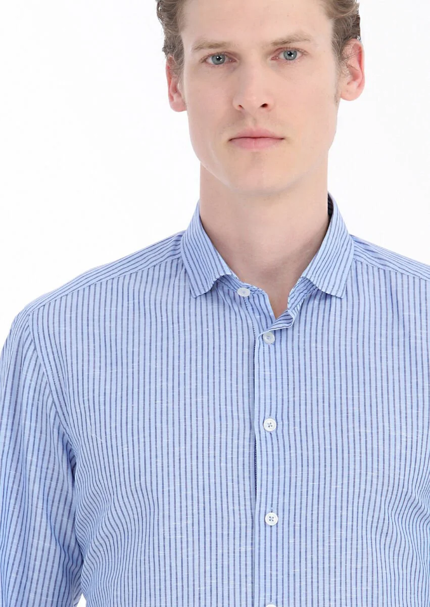 Blue Striped Regular Fit Weaving Casual Cotton Blended Shirt - 4