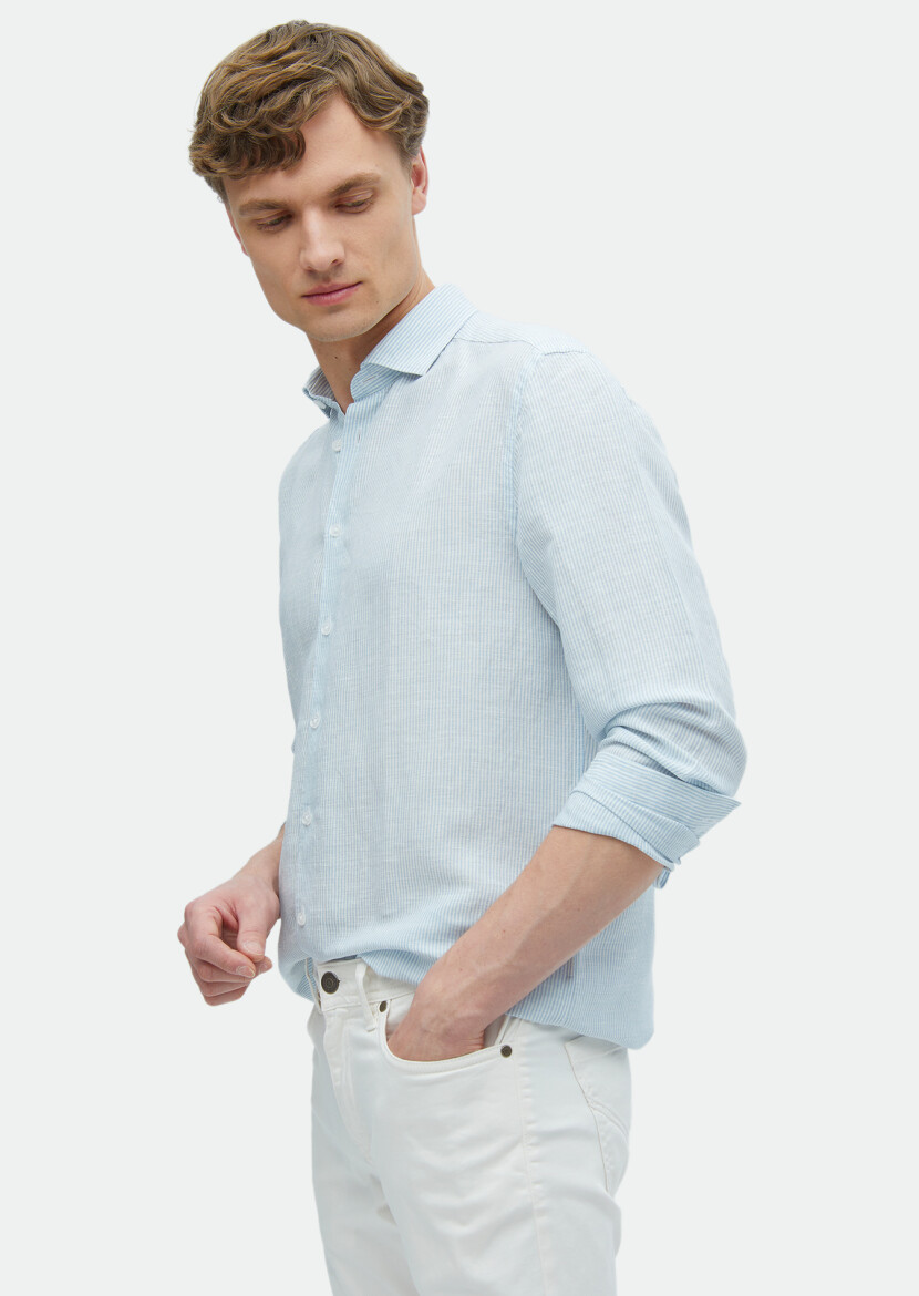 Blue Striped Regular Fit Weaving Casual Linen Blended Shirt 