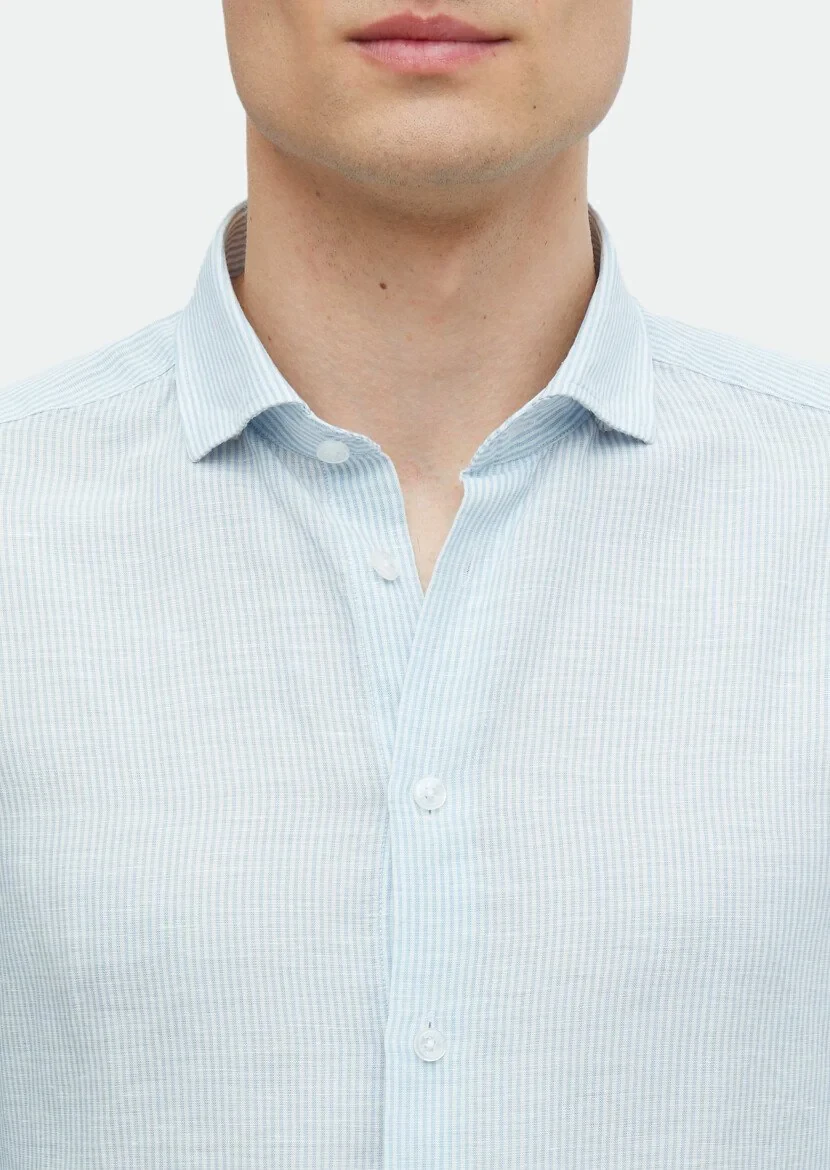 Blue Striped Regular Fit Weaving Casual Linen Blended Shirt - 4