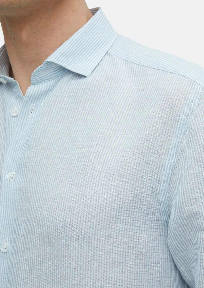 Blue Striped Regular Fit Weaving Casual Linen Blended Shirt - 5