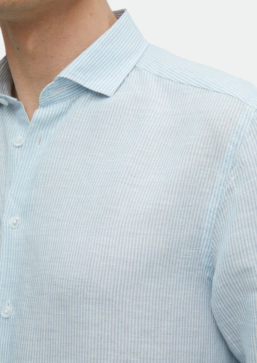 Blue Striped Regular Fit Weaving Casual Linen Blended Shirt - 5