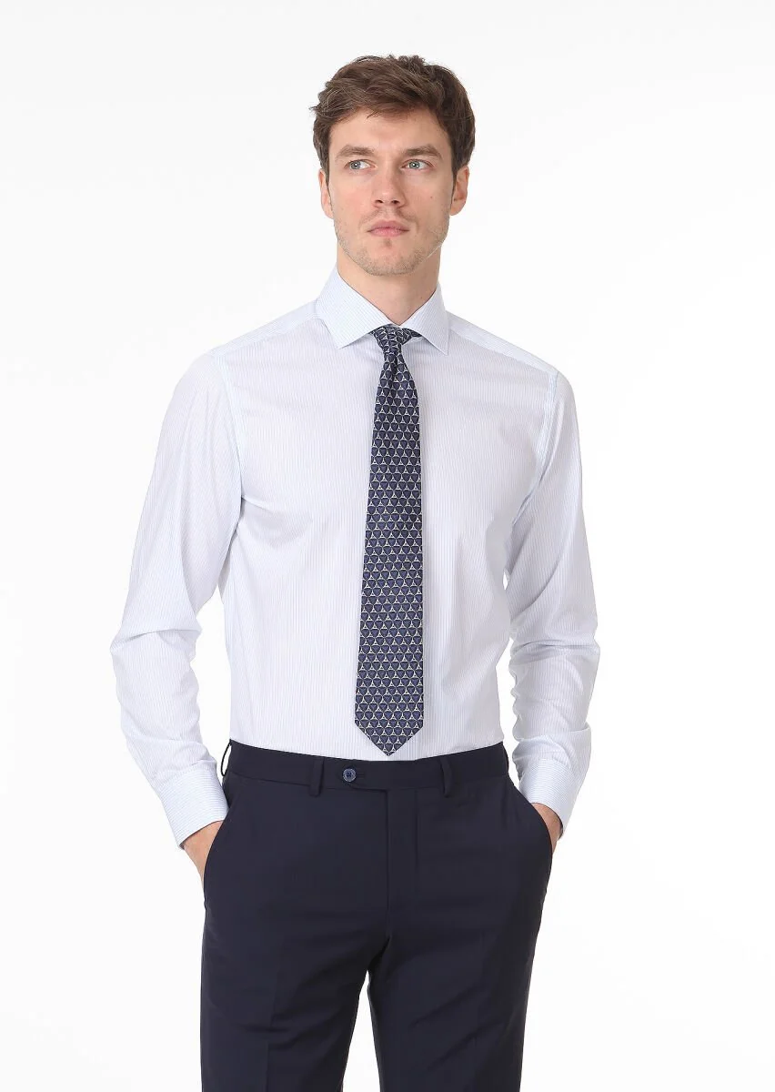 Blue Striped Regular Fit Weaving Classical 100% Cotton Shirt - 1